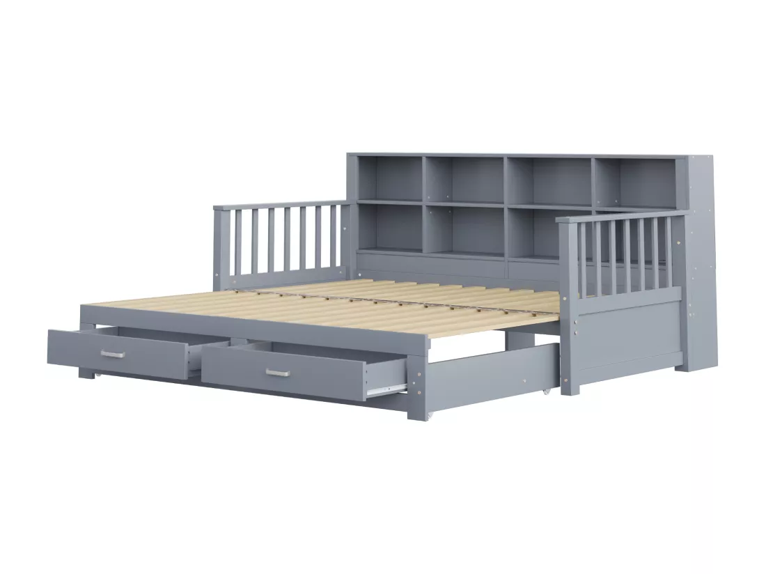 Canapé-lit gigogne en bois massif 90/180x190 cm - avec prise de charge - avec rangement - avec 2 tiroirs - sommier à lattes - gris（matelas non inclus)