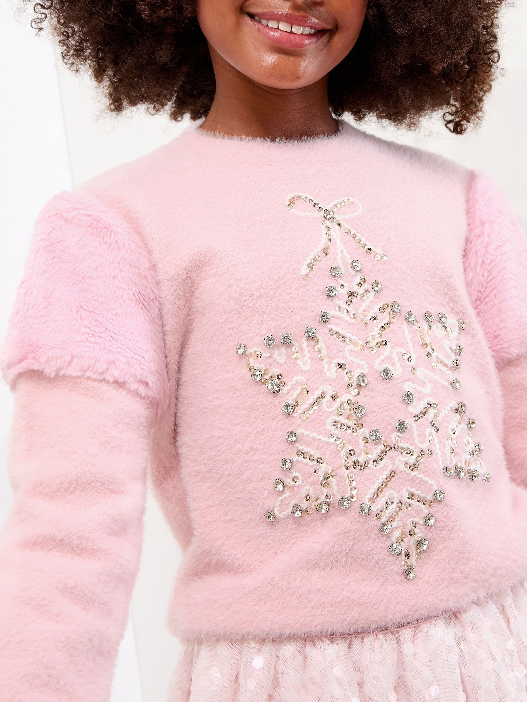 Roze met sneeuwvlokprint - Lipsy - Kersttrui met ronde hals (5-16jaar)