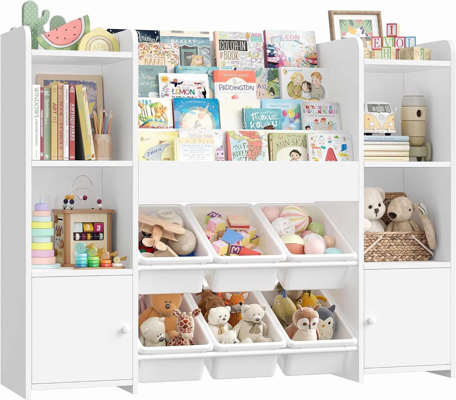 FOREHILL Kinderregal mit Kinderbücherregal Kinderzimmer Möbel aus Holz Bücherregal für Kinder mit Aufbewahrungsbox Kinderschrank mit Spielzeugkiste Kinderregal mit 6 Boxen 119 x 29,5 x 94 cm weiß