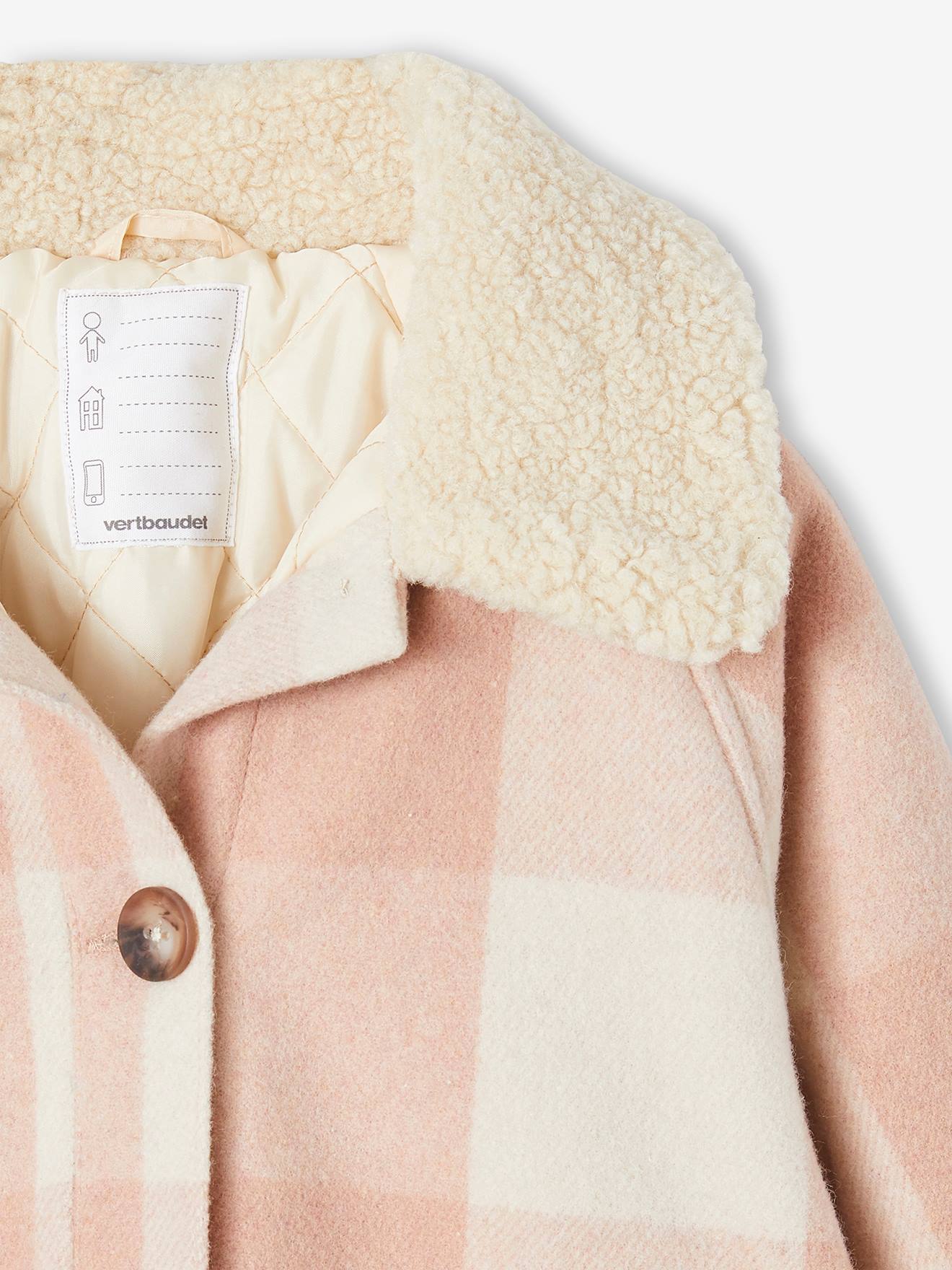 Casaco xadrez de lã para meninas, estilo sobrecamisa, xadrez marrom.