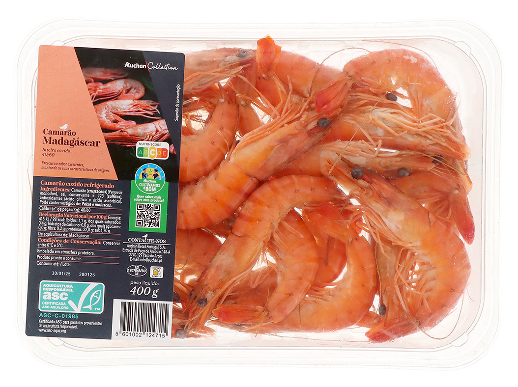 CAMARÃO MADAGÁSCAR AUCHAN CULTIVAMOS O BOM COZIDO 40/60 400GR