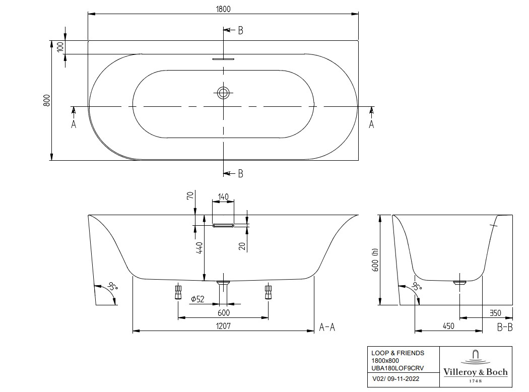 Villeroy & Boch Loop & Friends half vrijstaand ligbad rechts 180x80cm wit mat