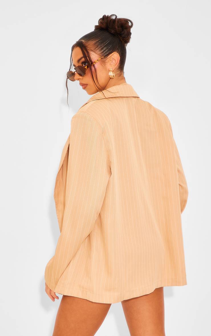 Taupe Blazer Dad Oversize À Fines Rayures Tissées