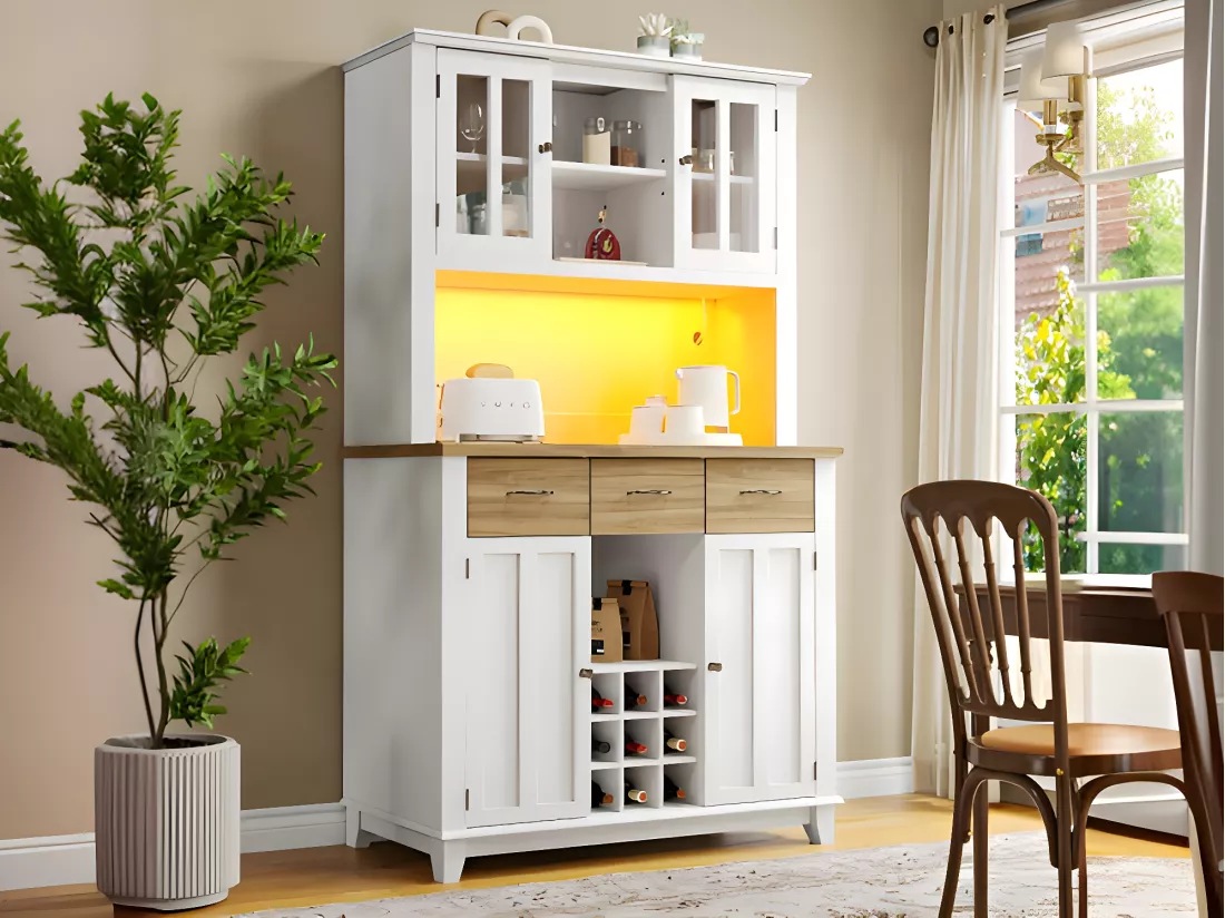 Vitrine、Buffet de cuisine avec LED - H 180cm - grand espace de rangement - Blanc & Naturel