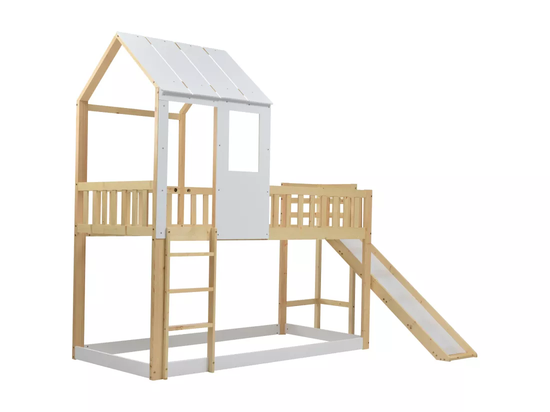 Lits Superposés Enfant Avec Échelle et Toboggan - Protection Antichute - En Pin - Naturel Blanc - 90 X 200 cm