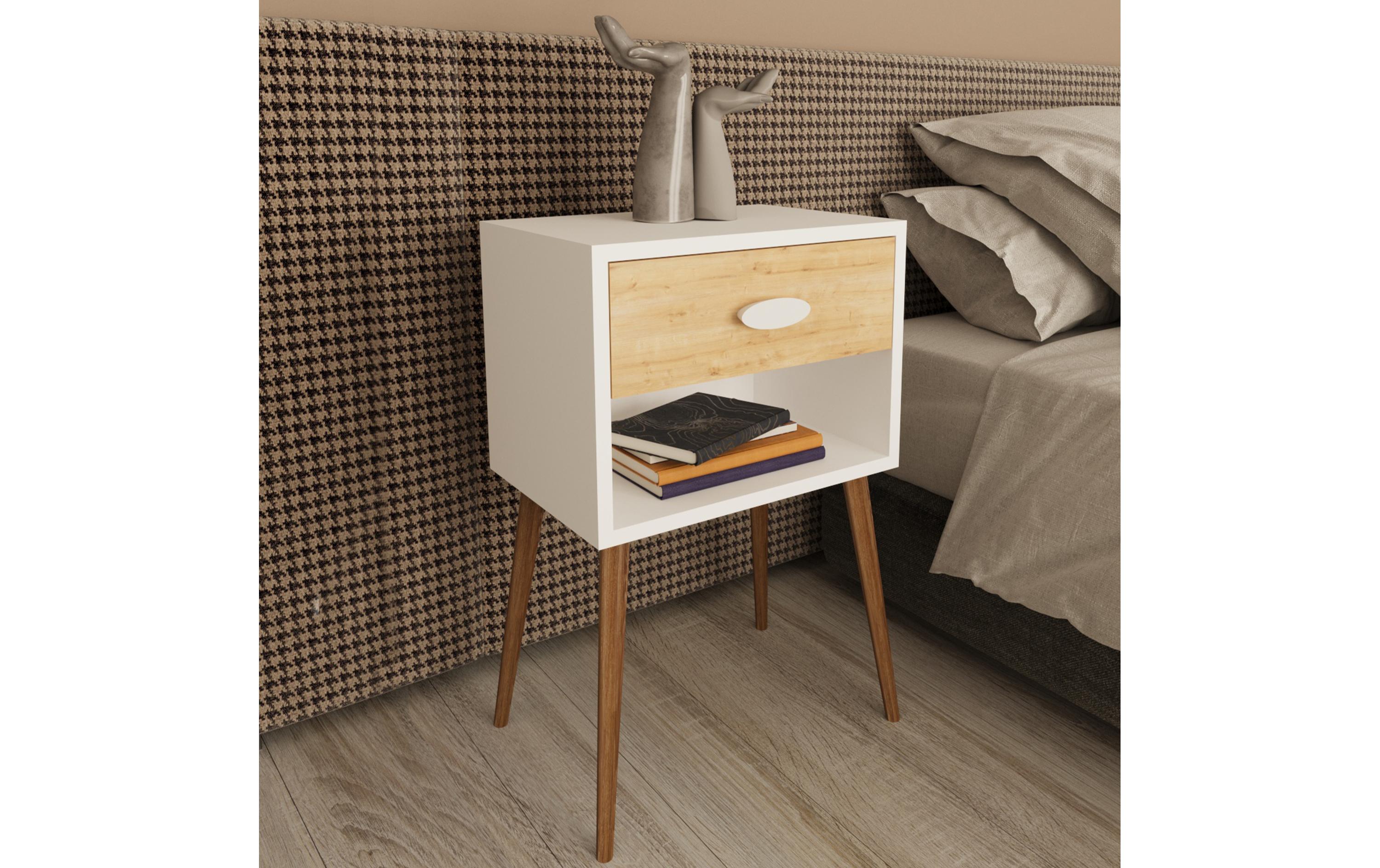 Nachttisch Singol XL 45 x 70 cm, Weiss/Honig-EicheNachtschrank im Retro-Design