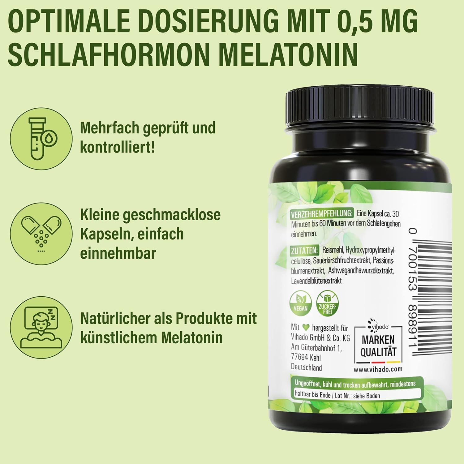Vihado Natürliches Melatonin Schlaf Kapseln