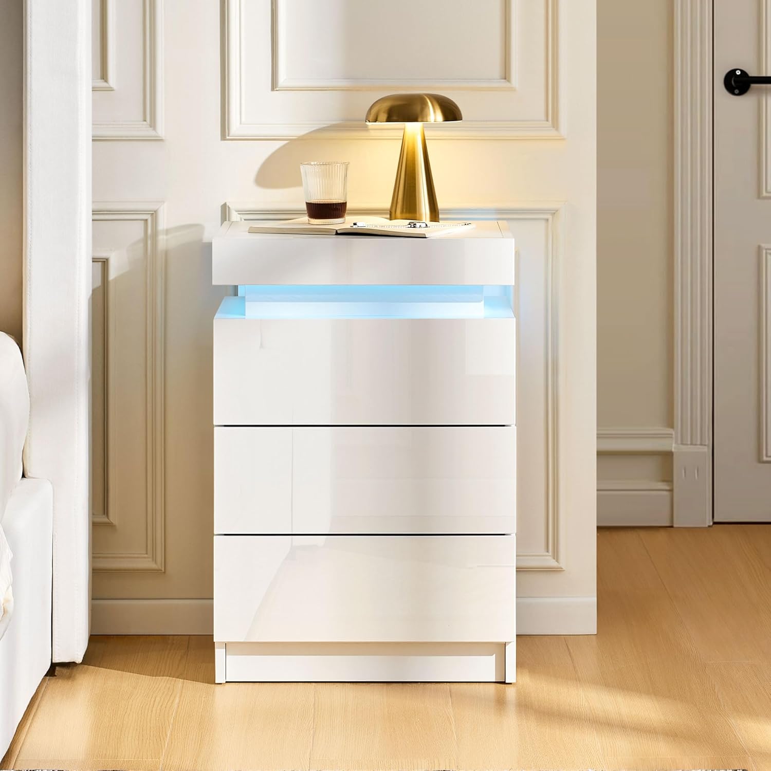 CLIPOP Nachttisch 2er Set mit LED-Beleuchtung,Einstellbare Farben,Beistelltisch Nachtschrank mit 3 Schubladen und 1 Verstecktes Staufach,Hochglanz Wohnzimmer Schlafzimmer Möbel