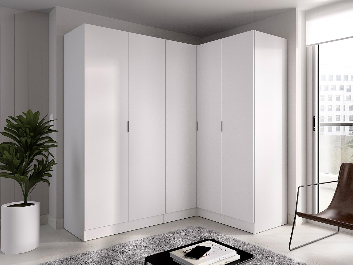 Vente-unique-Eckkleiderschrank mit 5 Türen - 173 cm - Weiß - LISTOWEL