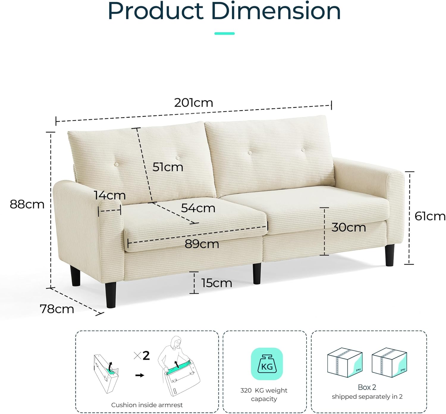 LINSY HOME Sofa 3 Sitzer, 201cm Breit Sofas mit Verstellbarer Sitztiefe, Kleine Sofacouch für Wohnzimmer Schlafzimmer Wohnung Büro