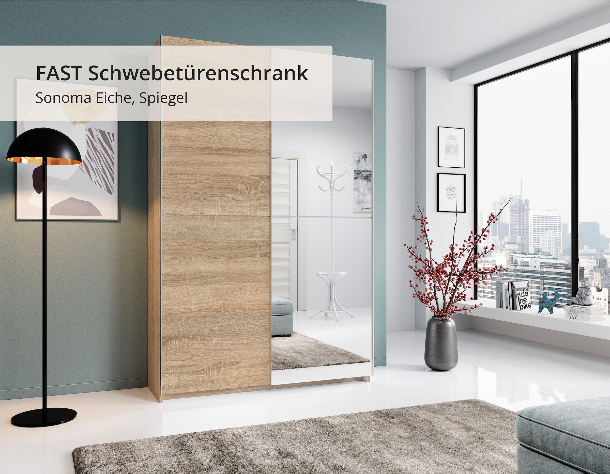 Schlafkontor Schwebetürenschrank »Heimo/Fast Schrank Kleiderschrank Garderobe« geringe Tiefe, ausziehbarer Kleiderstange, Garderobenschrank, 6 Böden