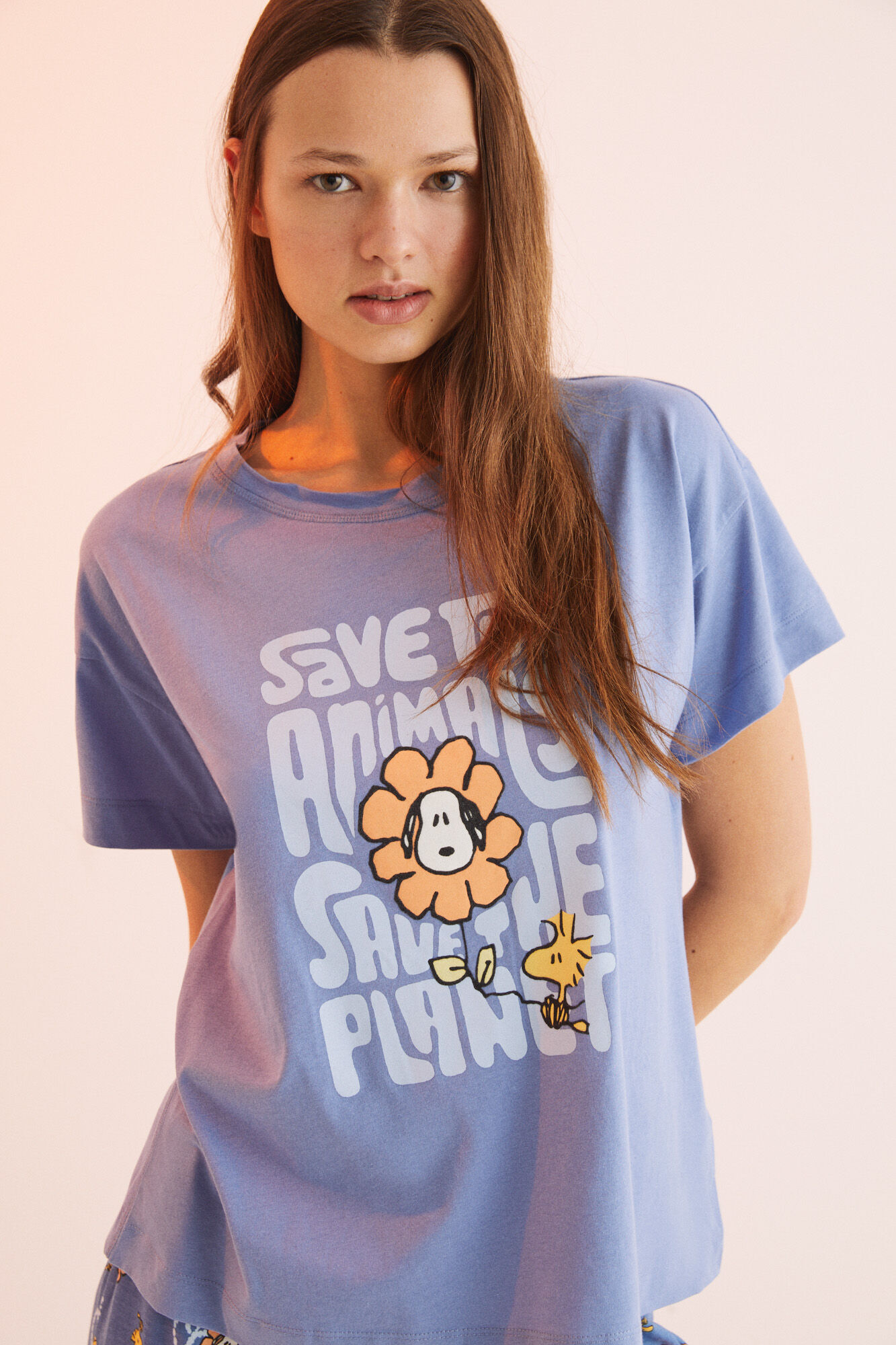 Pijama comprido Snoopy 'Salve o Planeta' 100% algodão - Azul