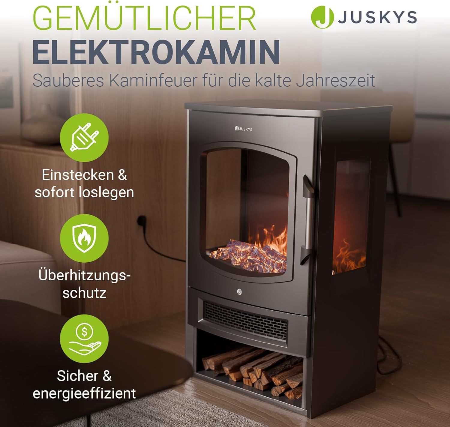 Juskys Elektrokamin 1800W – Schwarz, elektrischer Standkamin mit LED-Flammeneffekt, WLAN/App-Steuerung, Fernbedienung