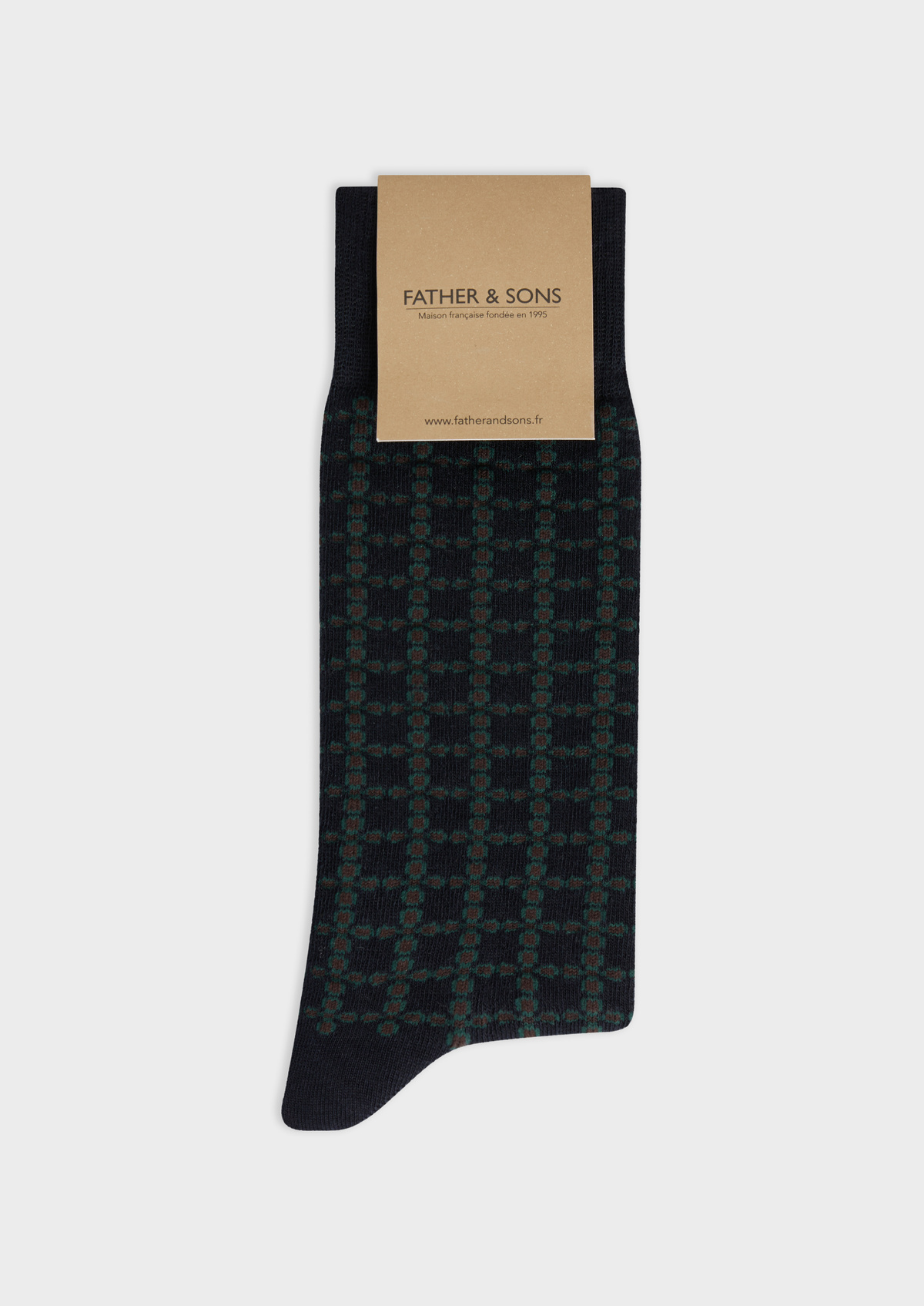 Chaussettes en coton bio mélangé bleu nuit à motif fantaisie vert sapin et chocolat