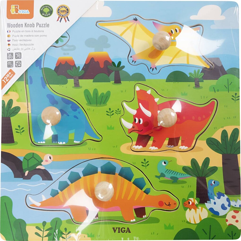 Viga Puslespil I Træ - Dinosaurer - Knoppuslespil - 4 Brikker