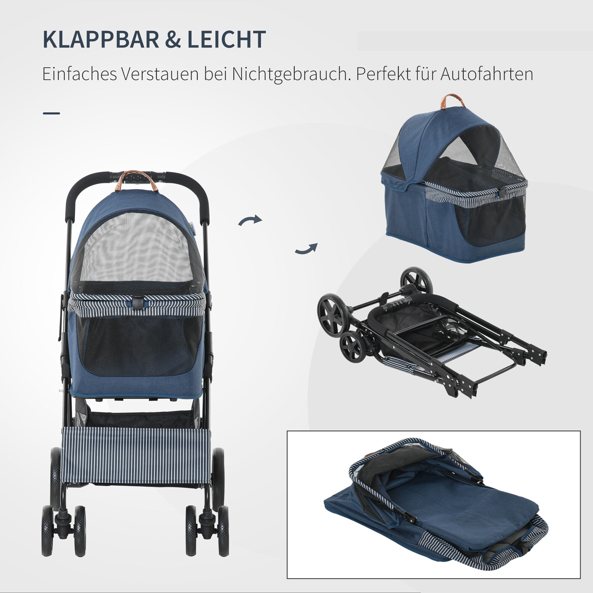 PawHut Hunde-Buggy für kleine Hunde Dunkelblau, Schwarz 76 x 51 x 101 cm (LxBxH)