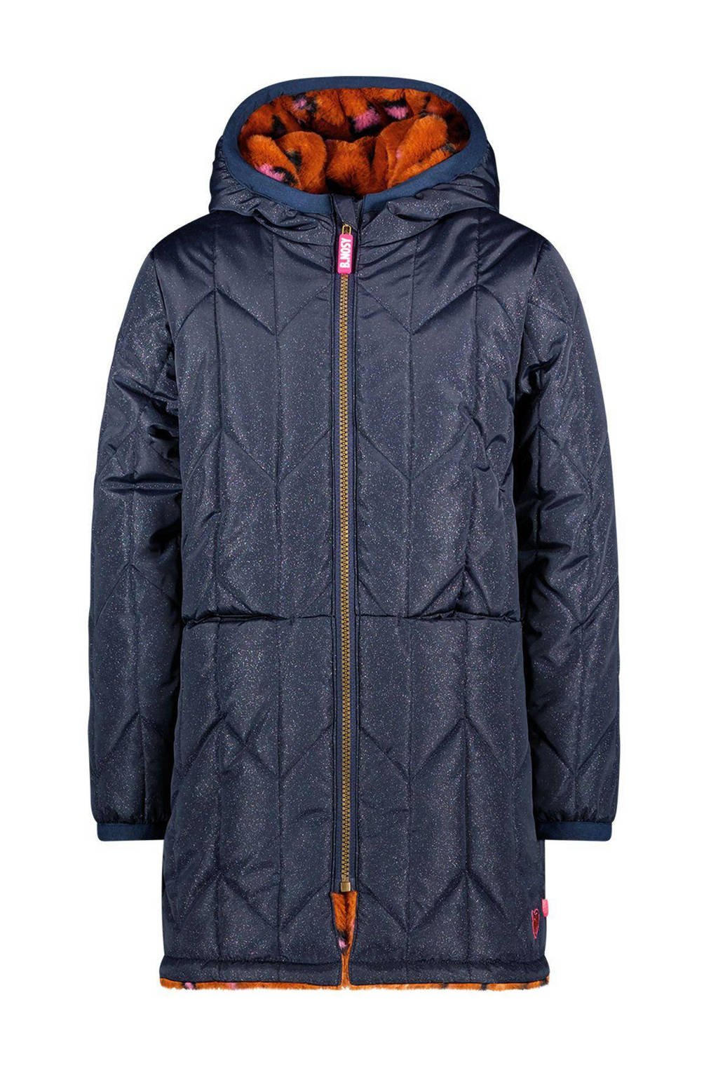 reversible winterjas met imitatiebont roest/blauw