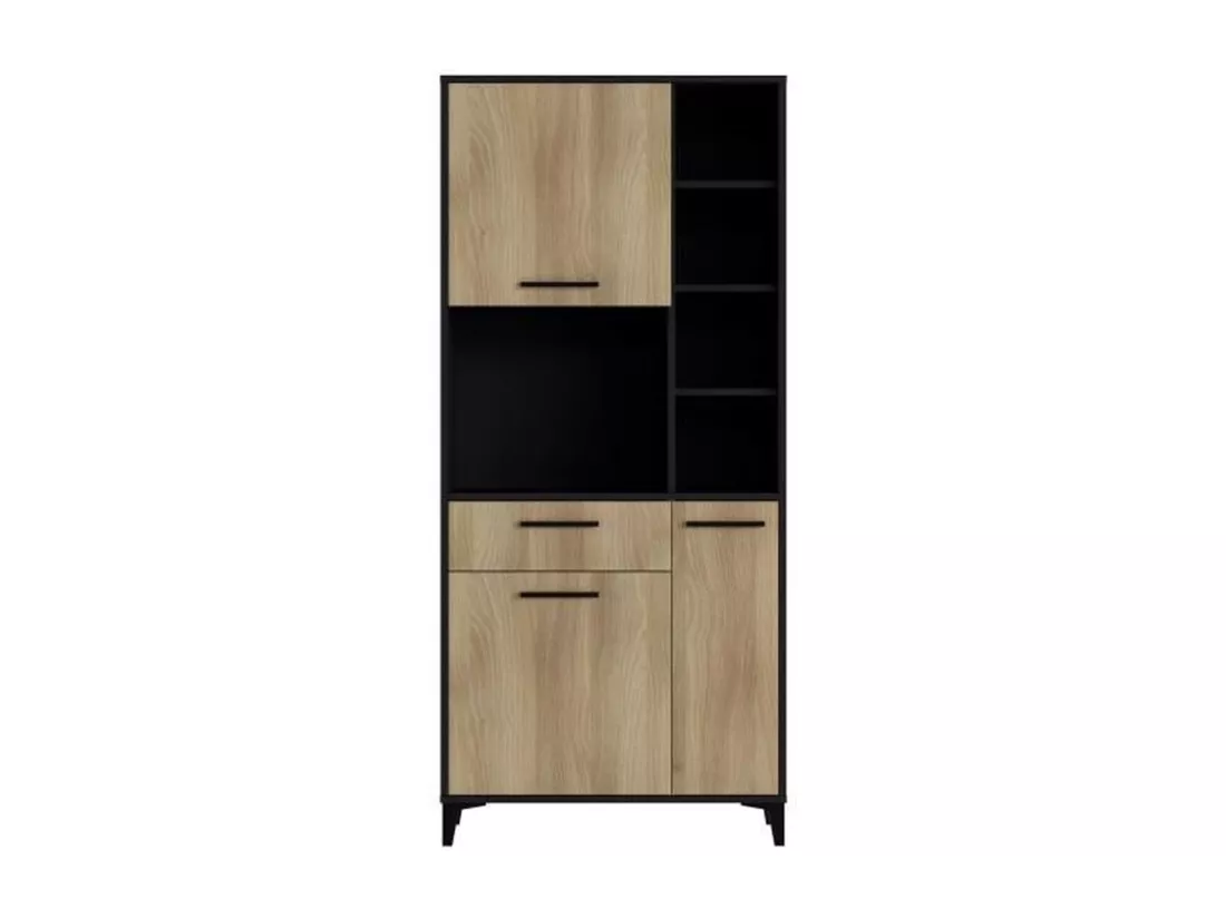 Buffet haut de cuisine - 3 portes et 1 tiroir - Mélamine chêne et noir - 80 x 40 x 178 cm