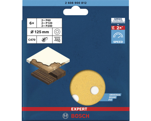 Schuurblad voor excentrische schuurmachines Best for Wood and Paint, Ø 125 mm, korrel 60, 120, 240, set van 6 stuks.