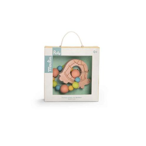 Hochet Anneau de Dentition Bois et Silicone Tortue Trois Petits Lapins Multicolore - MOULIN ROTY