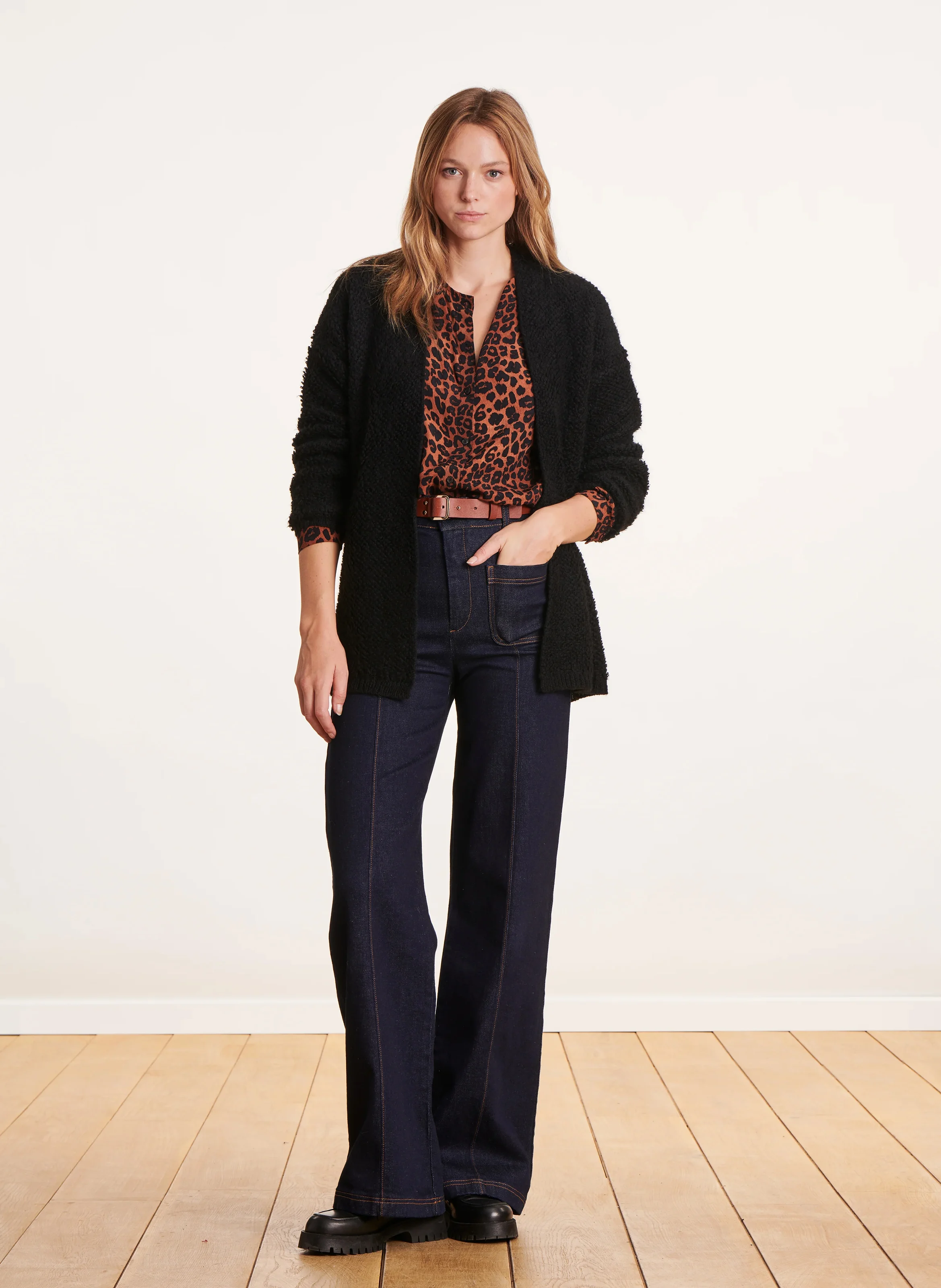 Gilet mi-long ample texturé| Noir