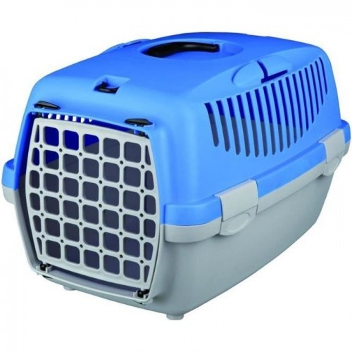 Trixie Capri, caixa de transporte para animais de estimação feita de plástico azul e cinza.