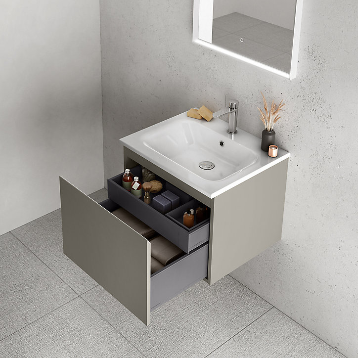 Meuble sous vasque à suspendre Pura gris 60 cm + plan vasque en résine blanc mat