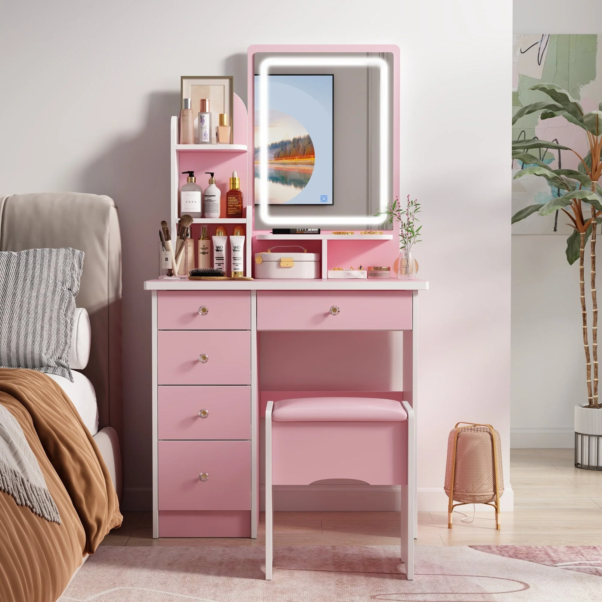 Makeup Vanity Set Table With LED Light &Mirror & Stool