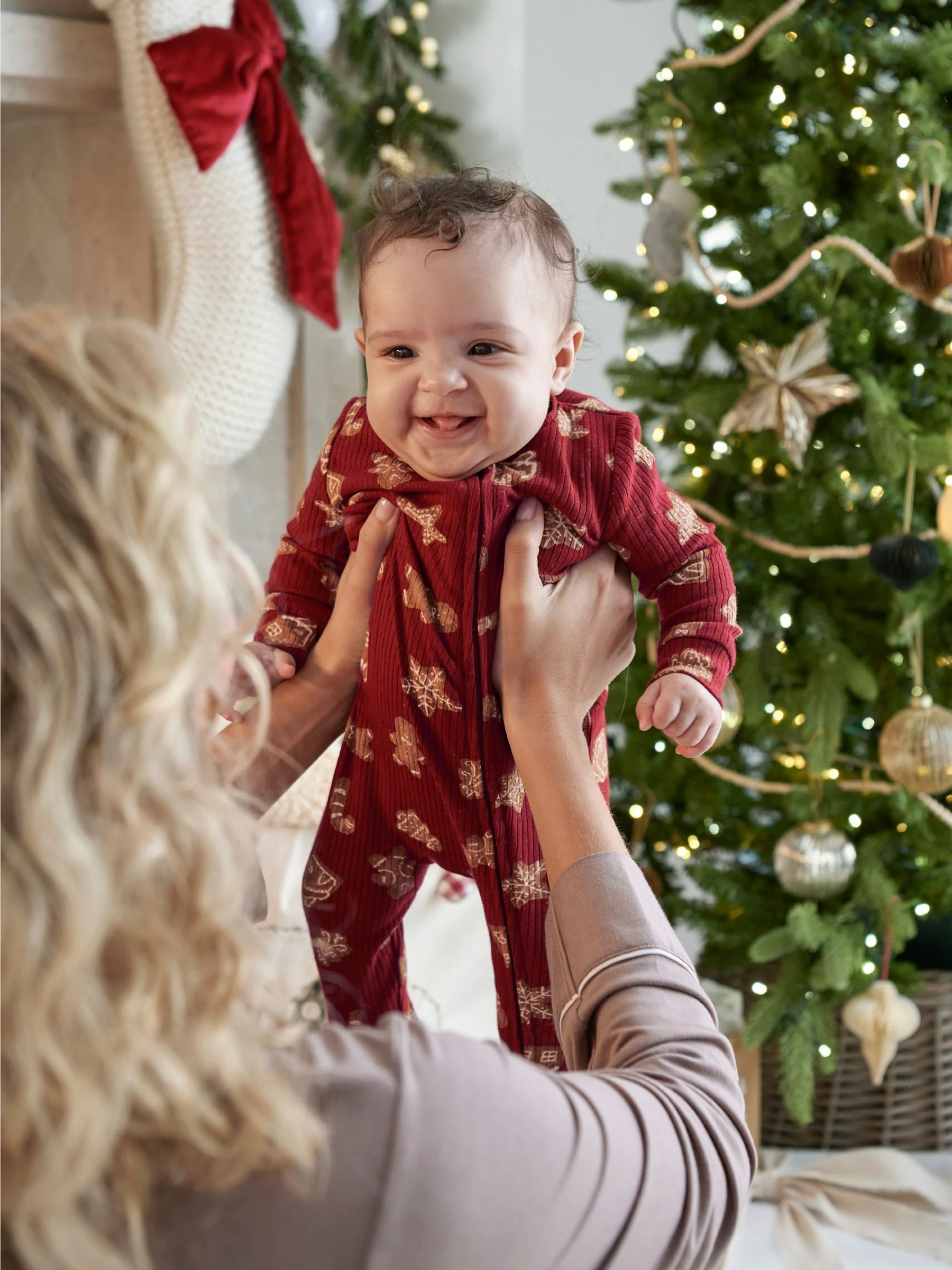 Mamas & Papas Red Gingerbread Christmas Zip Up Sleepsuit