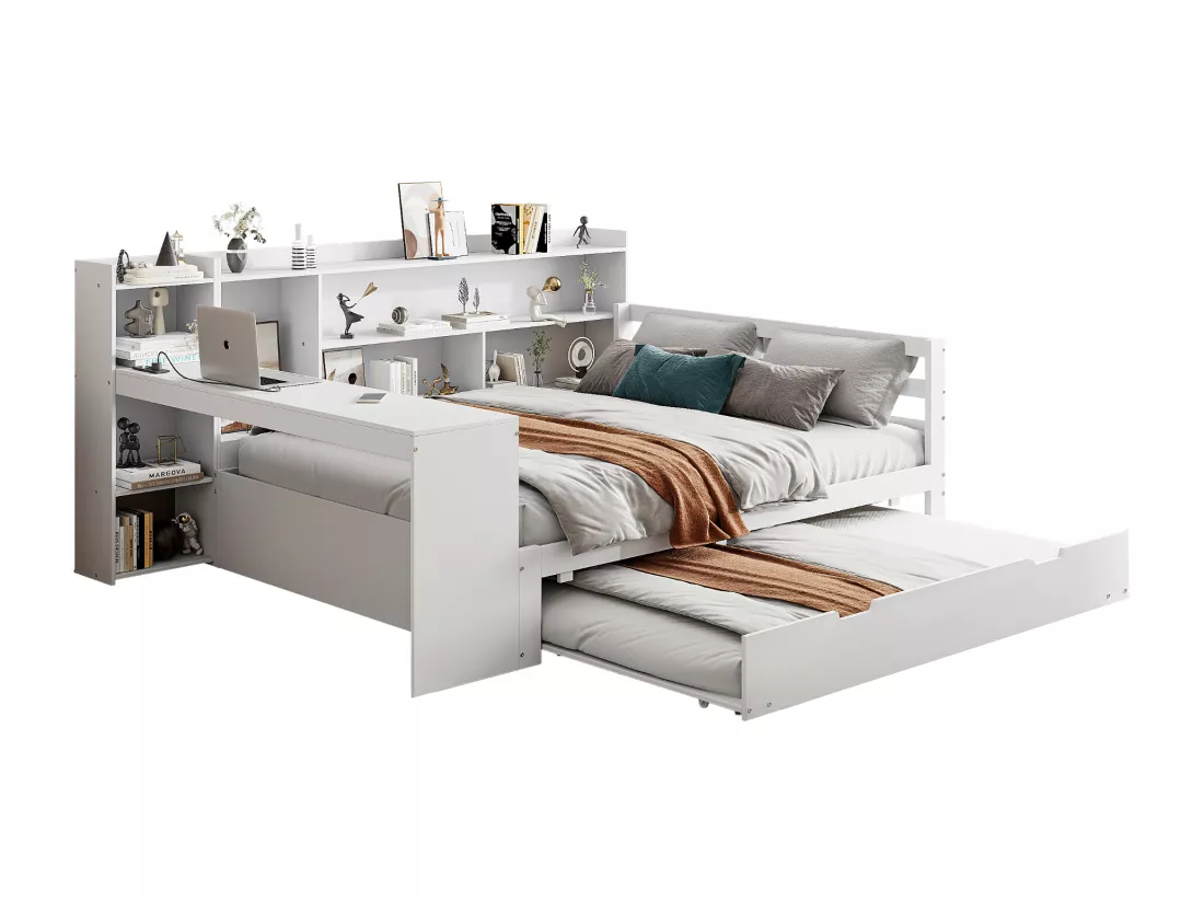 Canapé convertible en bois massif 140x200 cm - avec bureau + bibliothèque - compartiments de rangement + étagères - avec prises - avec lit gigogne - blanc