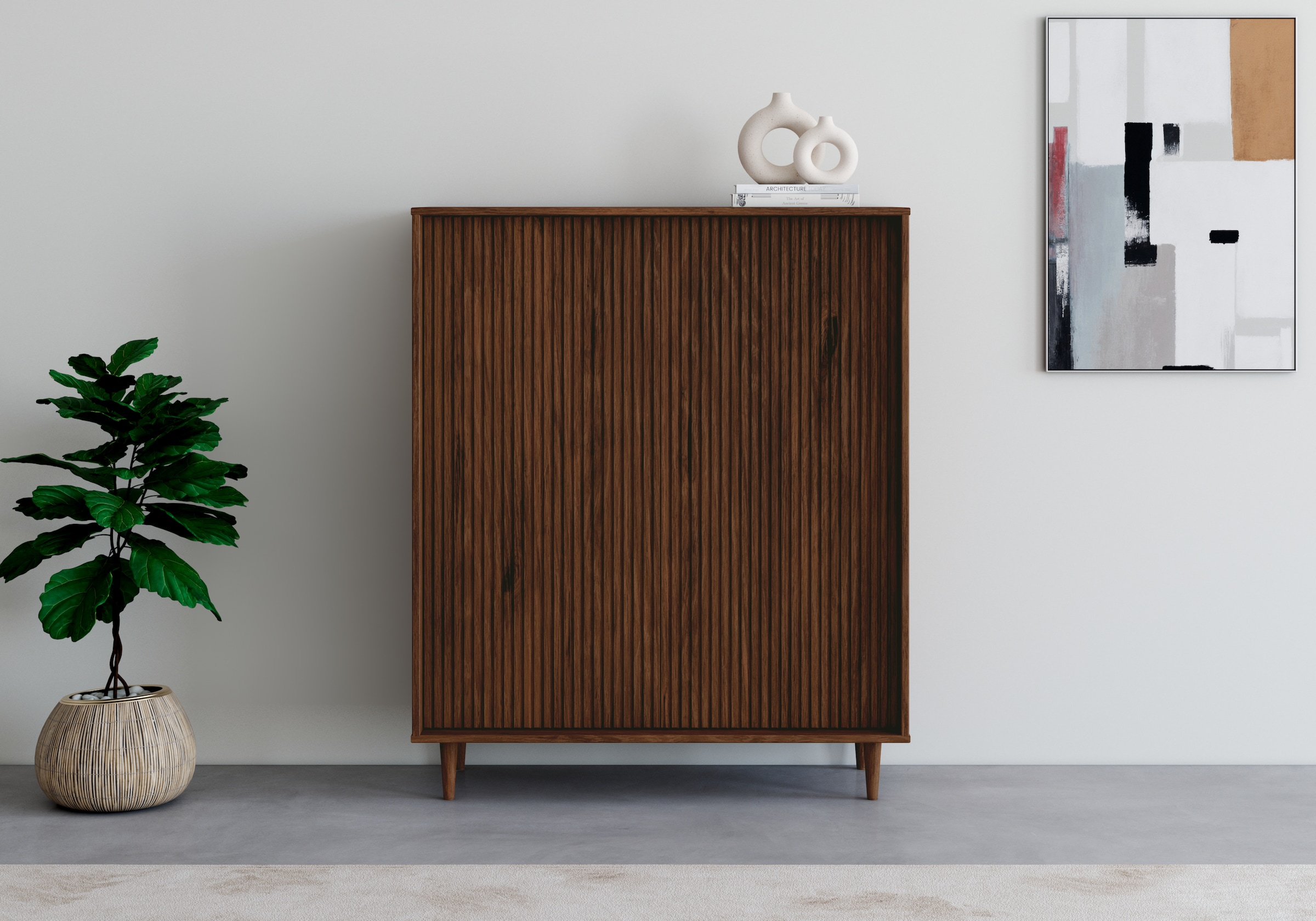INOSIGN Highboard »Malmedy Front mit gefrästen Rillen« Kommode Midischrank aus massivem Kiefernholz, Push-to-open, B 100 cm
