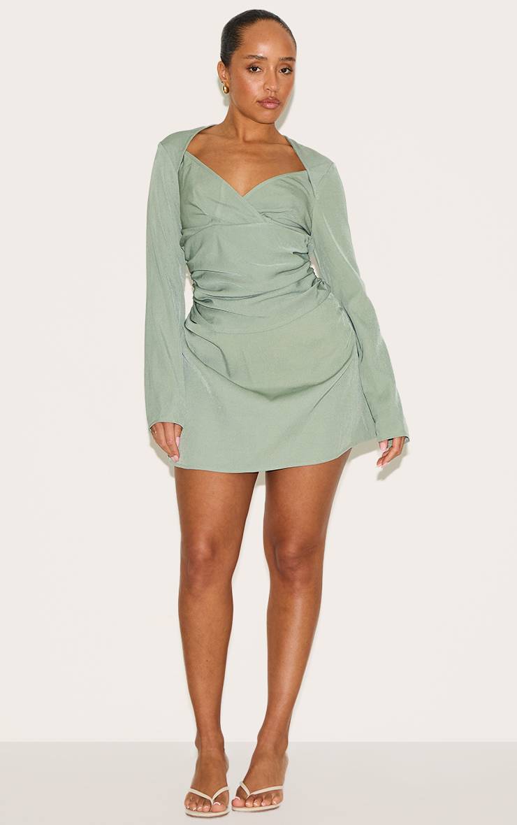 Vert Olive Robe Mini Évasée Ajustée Tissée À Encolure Carrée Avec Fronces Latérales Shape
