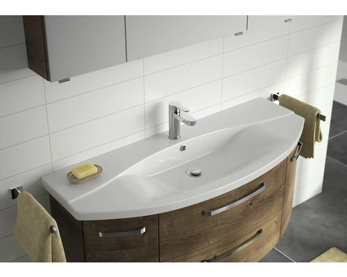 Badkamermeubelset Pelipal serie 4010, afmetingen (B x H x D): 122 x 200 x 48 cm, fronten in eikenhouten look, Ribbeck badkamermeubelset met 4 delen, inclusief witte keramische wastafel, keramische wastafelkast en spiegelkast met ledverlichting.
