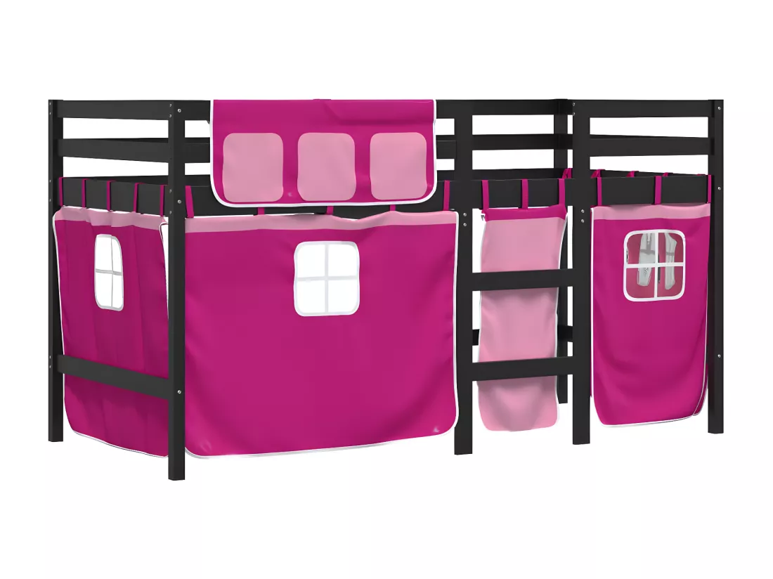 Lit mezzanine enfants et rideaux rose 90x190cm bois pin massif