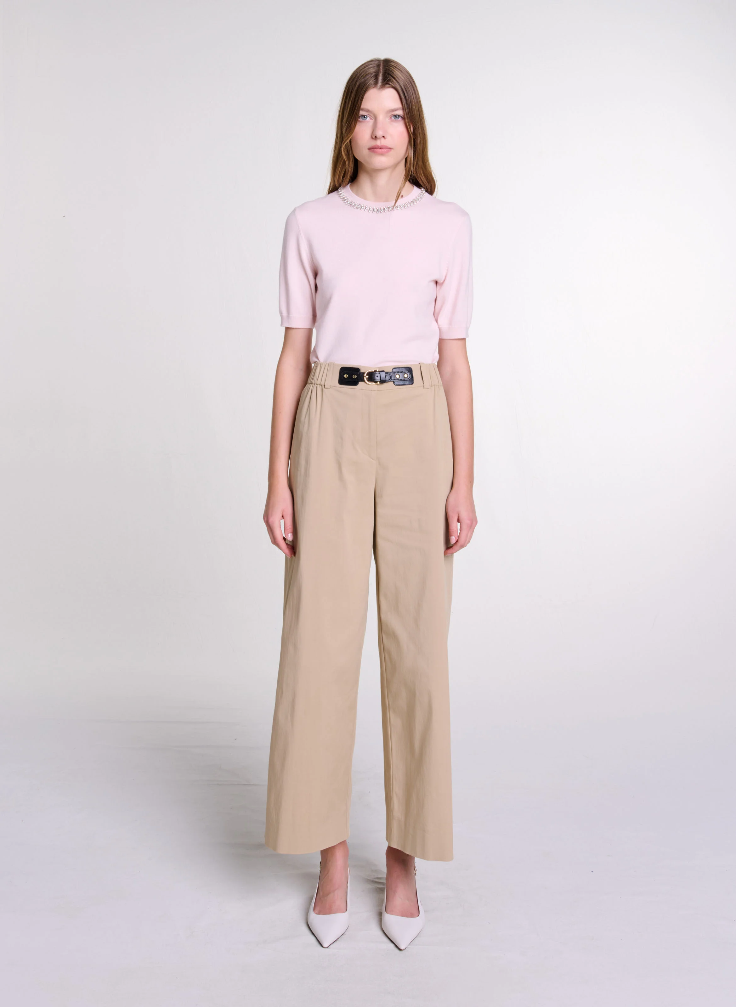 Pantalon large en coton mélangé | Beige