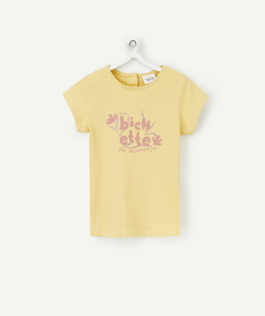 T-SHIRT BÉBÉ FILLE EN COTON BIO JAUNE AVEC MESSAGE ROSE