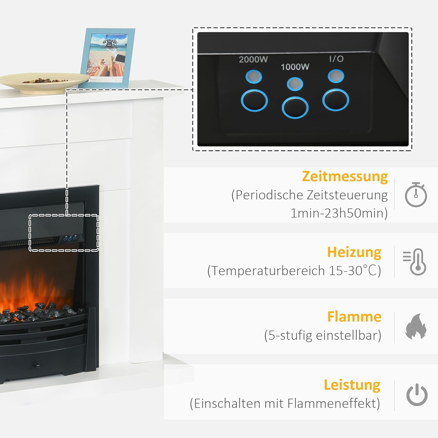 HOMCOM Elektrokamin Standkamin mit Heizung, LED 3D-Flammeneffekt, Adaptive Startfunktion, 2000W Elektrischer Kamin mit 2 Leistungsstufen, Fernbedienung, Timer, Überhitzungsschutz, Thermostat Weiß