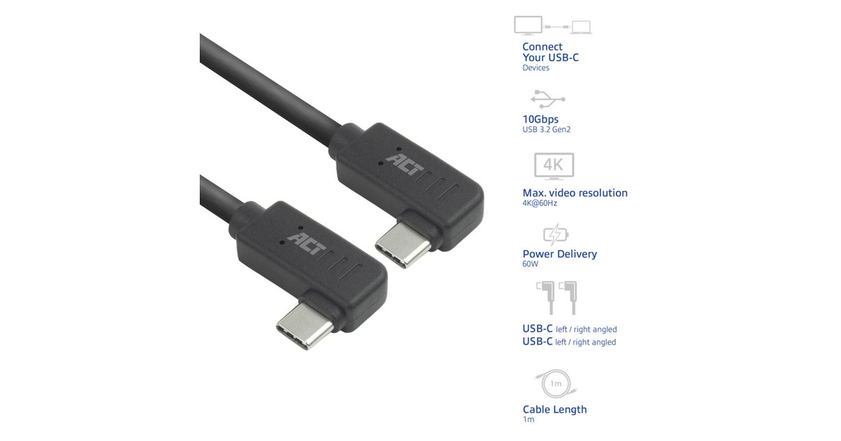 ACT ConnectivityUSB 3.2 USB-C (links/rechts haaks) naar USB-C (links/rechts haaks) kabel  (Zwart, 10 Gbit/s, 60W, 1 meter)
