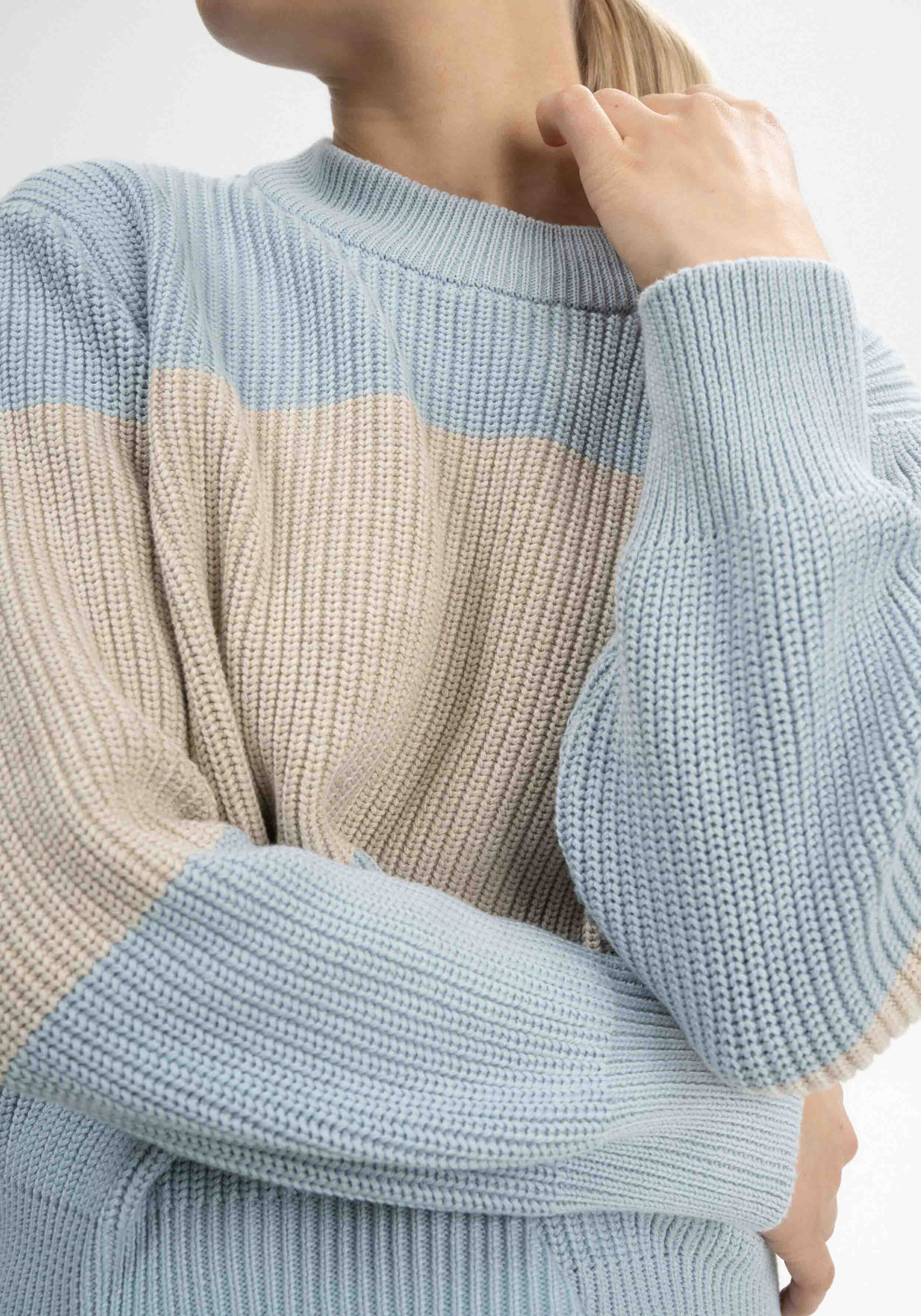 Mela Strickpullover Rib Knit Adah Stripes Cloudy Blue/Kiesel Melange