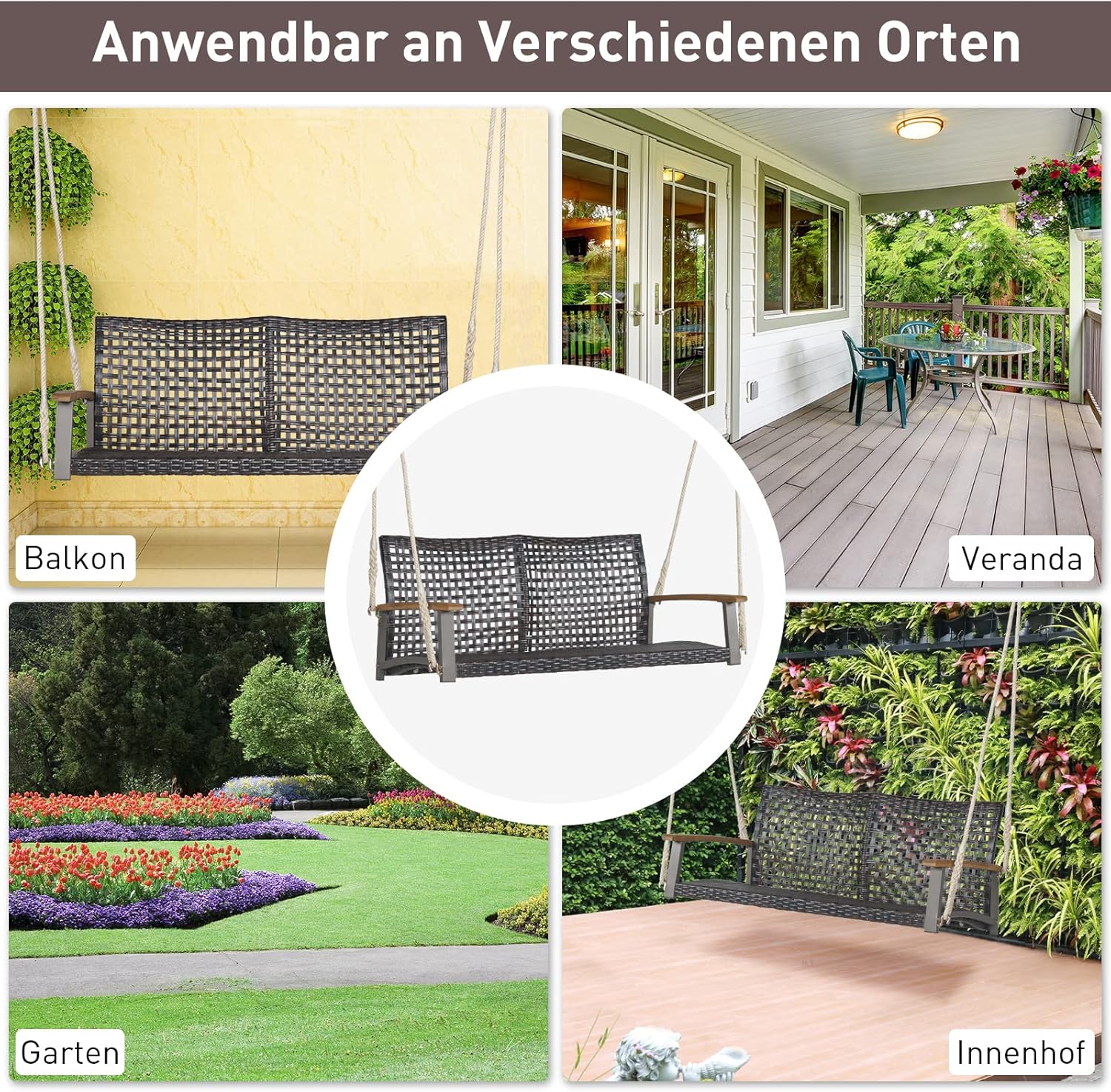 COSTWAY Schaukelbank 2-Sitzer, Hängebank PE-Rattan, Gartenschaukel zum Aufhängen, Hollywoodschaukel mit Akazienholz-Armlehnen, 360 kg Belastbarkeit, Schaukel für Terrasse & Garten & Balkon