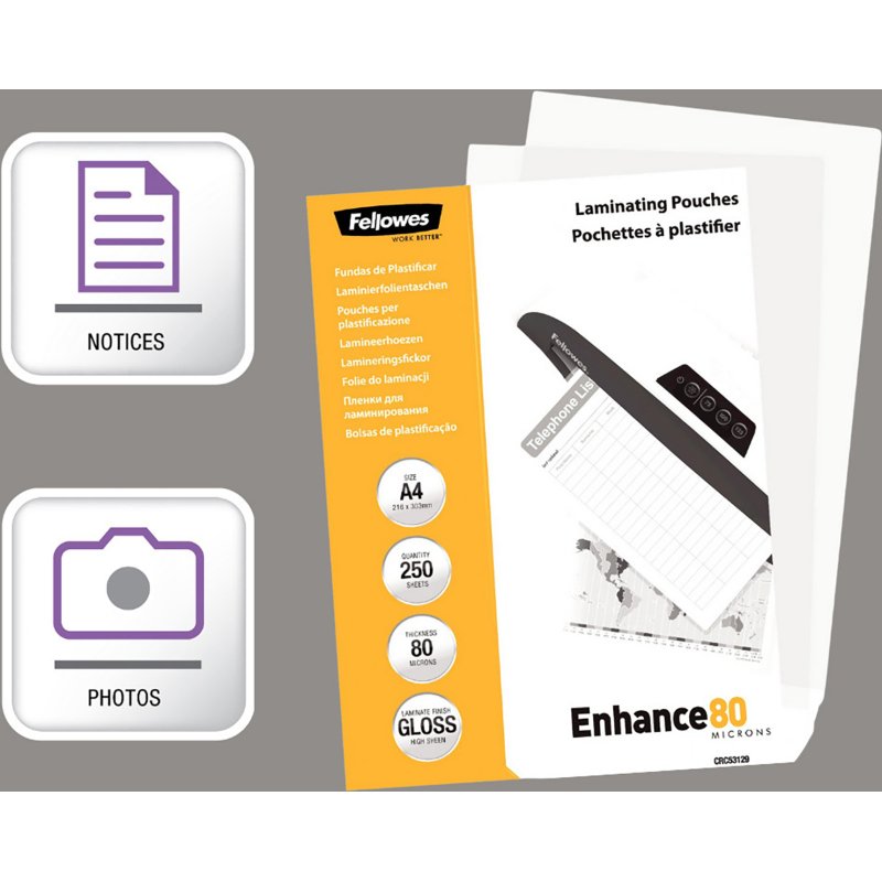 Pochettes de plastification Fellowes A4 2 x 80 µ brillantes - Boite de 250
