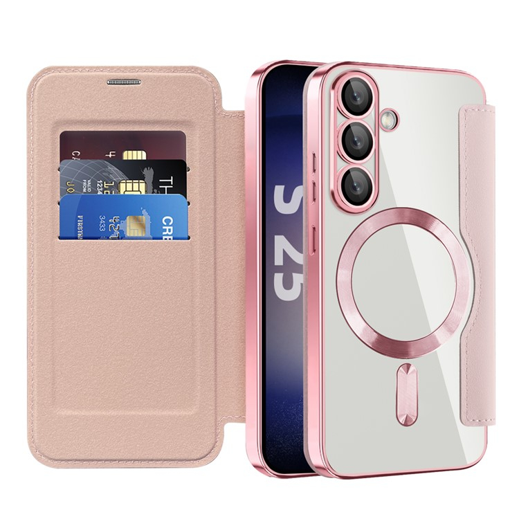 Samsung Galaxy S25 Hybrid Leder Tasche   Kunststoff Rückseite MagSafe-Modul (RFID Schutz) - Rosa / Transparent