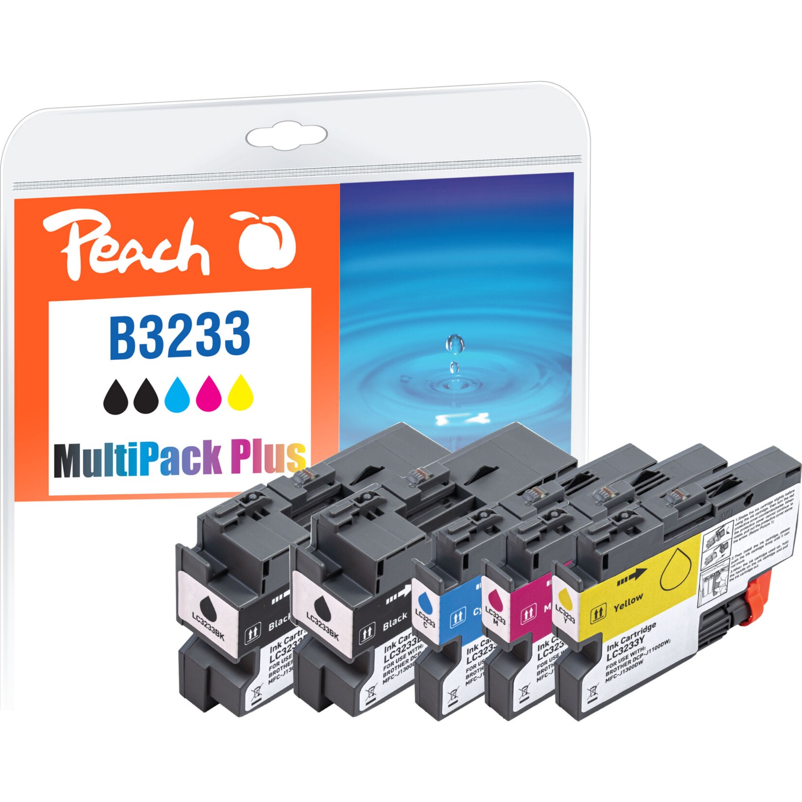 Peach B3233Spar Plus Pack Druckerpatronen (2*bk, c/m/y) ersetzt Brother LC-3233 für z.B. Brother DCPJ 1100 DW, Brother MFCJ 1300 DW