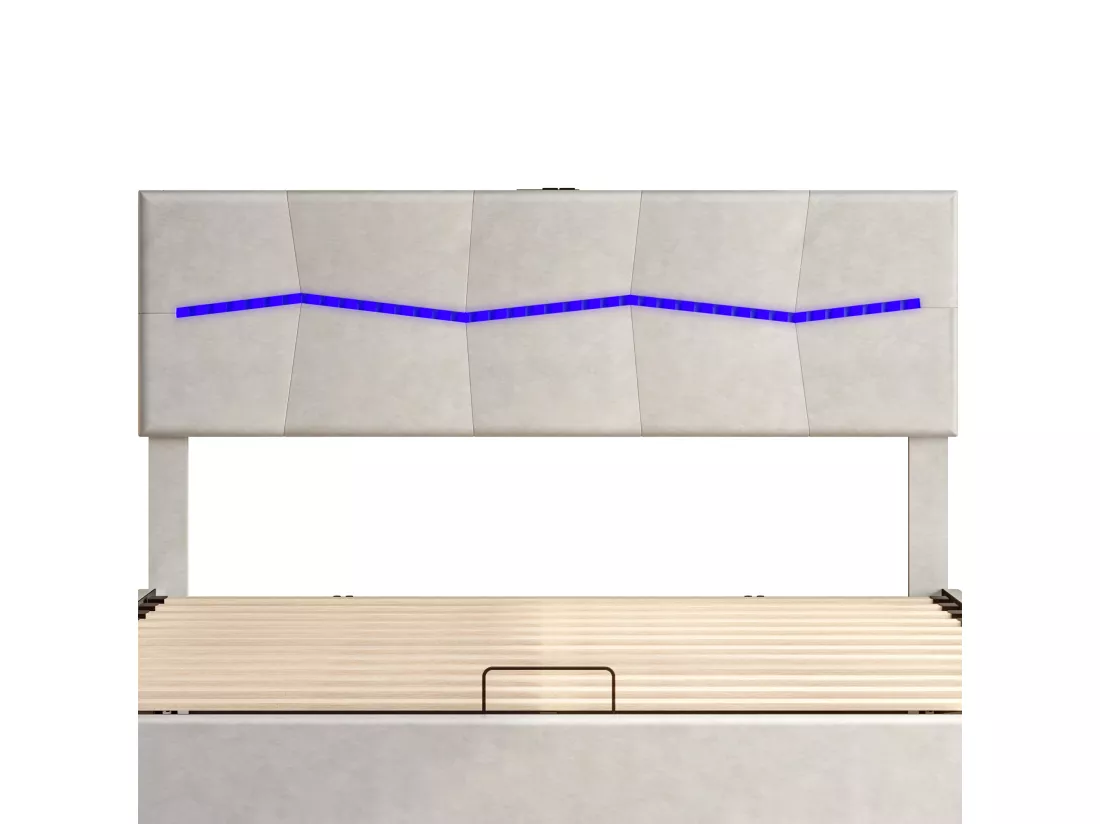 Lit coffre 160 x 200 cm avec éclairage LED et charge USB - hydraulique - Lit 2 Personnes - PU - Beige