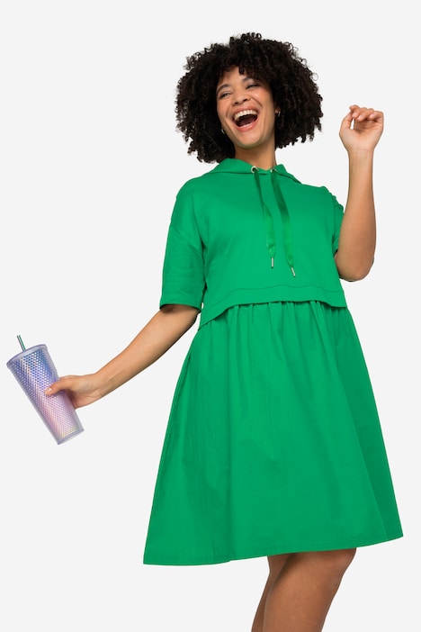 Kleid, oversized, Materialmix, Kapuze, Halbarm