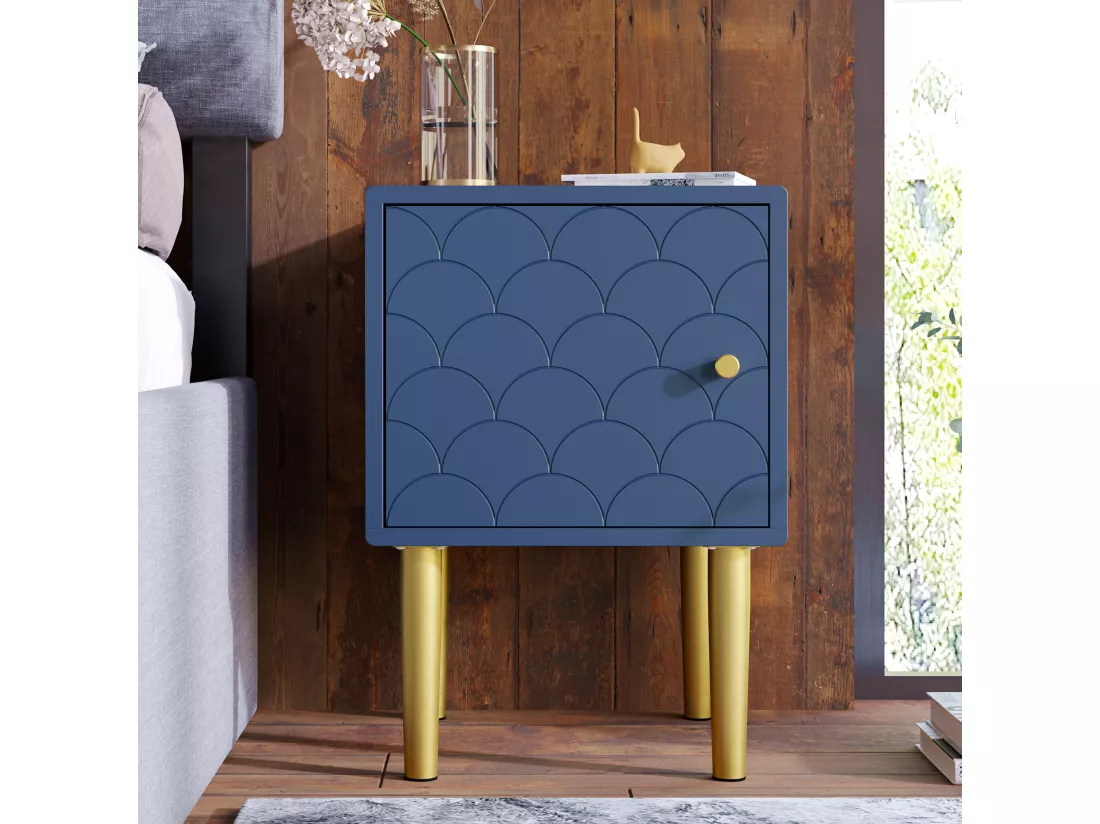 Table de chevet fsc certifiée, marine, avec motif d'écailles de poisson h50/l35/p35 cm