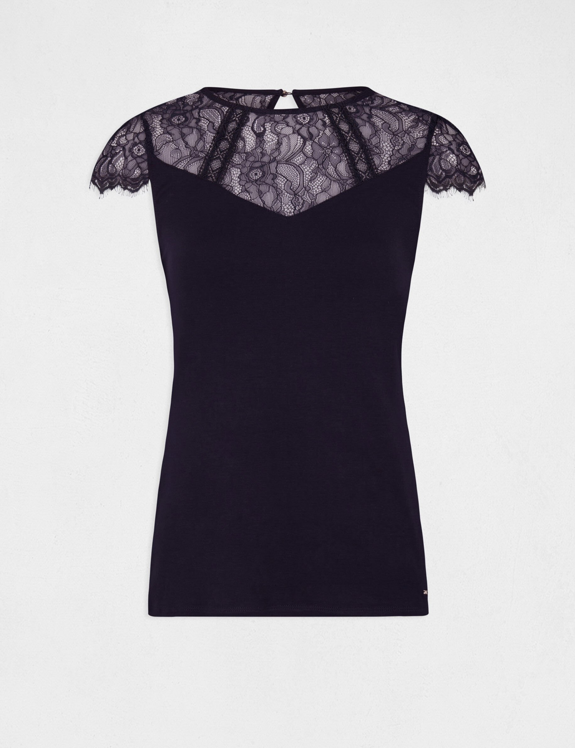 T-shirt manches courtes à dentelle marine femme - marine