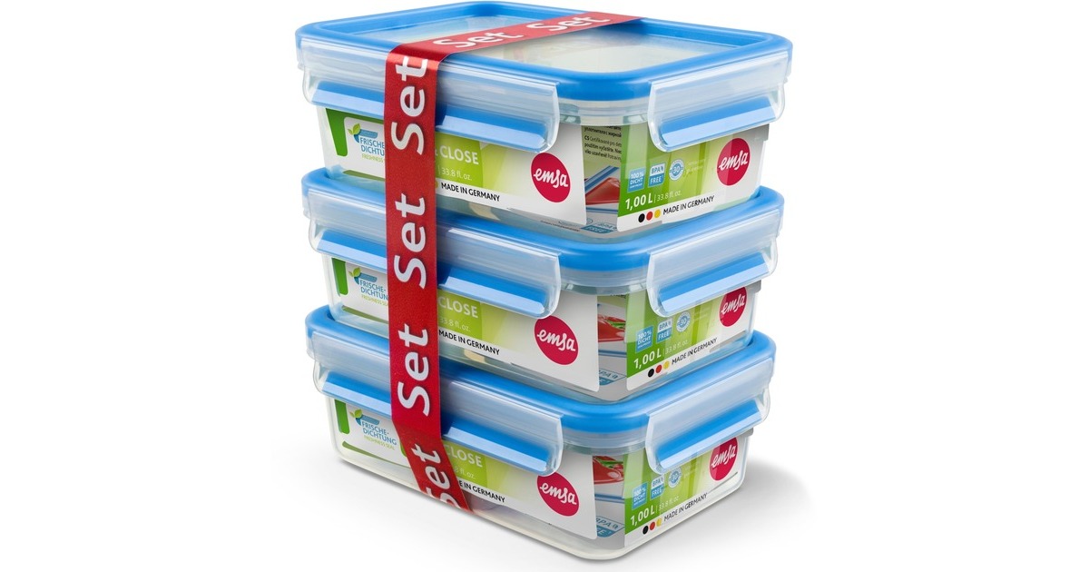 EmsaClip & Close vershoudbakjes 1 L doos  (Transparant/blauw, 3 stuks, rechthoekig)