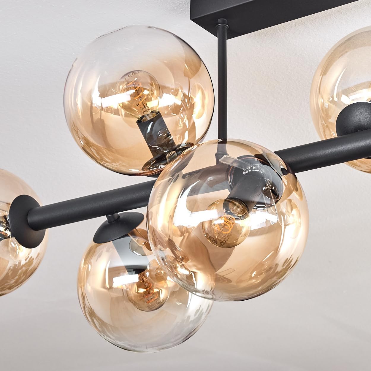 HOFSTEIN Deckenleuchte Gastor, 8-flammige Deckenlampe aus Metall/Glas in Schwarz/Bernstein/Klar, Leuchte im Retro/Vintage-Design (Schirme Ø 15 cm), E14, Esszimmer, Wohnzimmer, Schlafzimmer, Küche