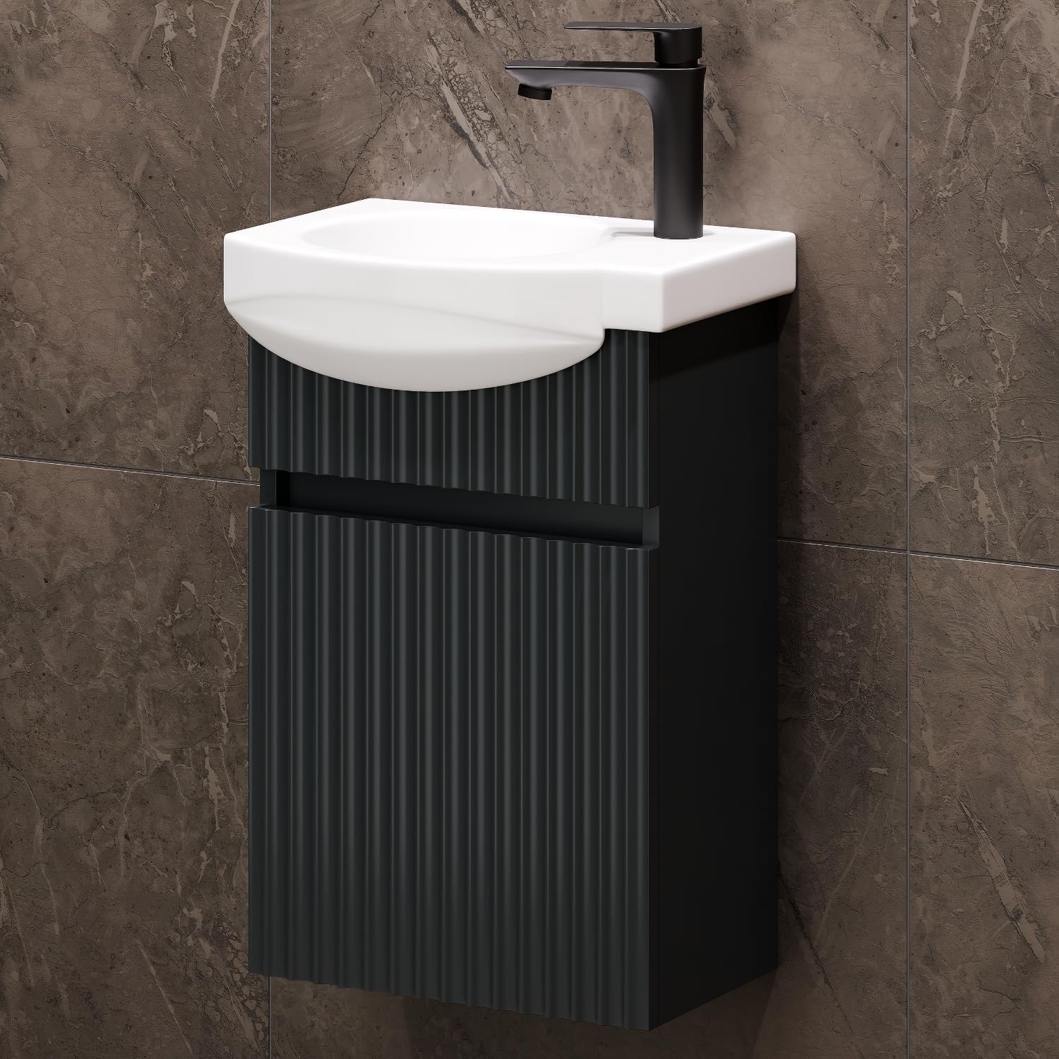 Planetmöbel Waschbecken mit Unterschrank 40 cm inkl. Keramikwaschbecken, Gäste WC Waschtischunterschrank hängend, anthrazit matt